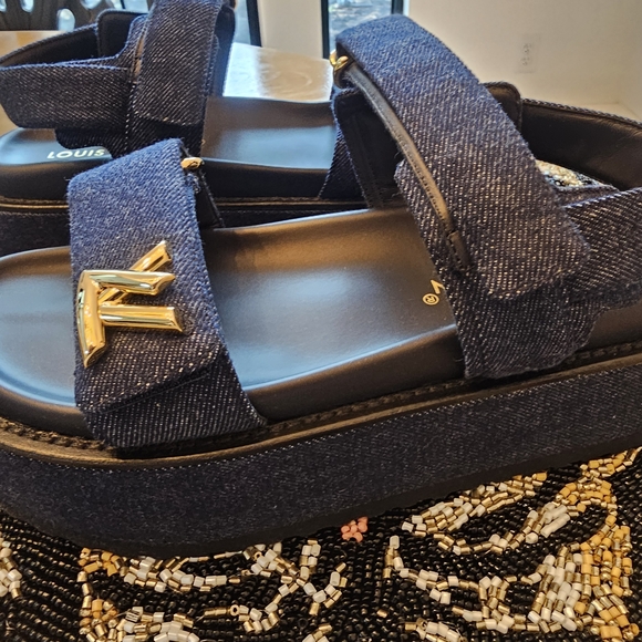 Louis Vuitton Navy Denim Logo Slide Sandals with Gold Hardware - Picture 4 of 10